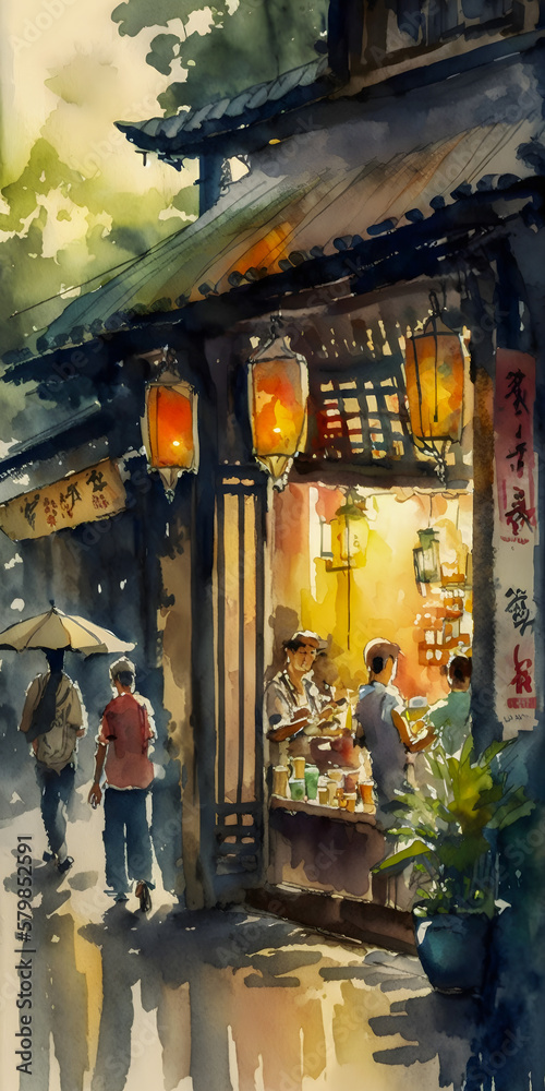 Naklejka premium Watercolor painting of a traditional Chinese shop in a bustling quarter, Generative AI