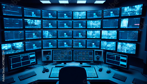 Regulation of Safety inside of a cctv room showing many monitors broadcasting footage from cameras. Generative AI