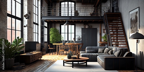 Living Room Loft In Industrial Style, 3d Render. Generative AI