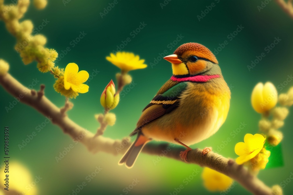 a tiny finch on a branch with spring flowers, blossoming garden. Generative AI