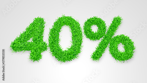 40 percent written with 3D green grass on white background. Concept illustration of 40 percent price discount. Seasonal sale. Banner for advertising.