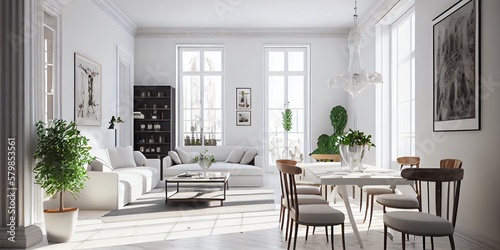 White Living Room And Dining Room Interior. Generative AI © Pixel Matrix