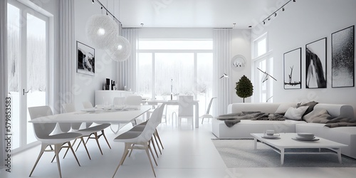 White Living Room And Dining Room Interior. Generative AI