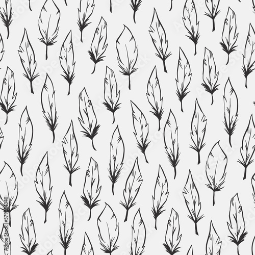 Black and White Feather Outline Seamless Vector Repeat Pattern