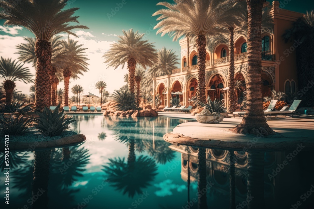 Unleashing Unreal Engine 5: The Ultimate Beach Resort Experience with Hyper-detailed Epic Composition, Ultra-Wide Angle, & Beautifully Color-coded Palm Trees , Generative ai - obrazy, fototapety, plakaty 