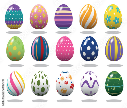 Ilustración vectorial de diferentes y coloridos huevos de pascua en estilo 3d, cada uno con un diseño diferente, archivo editable