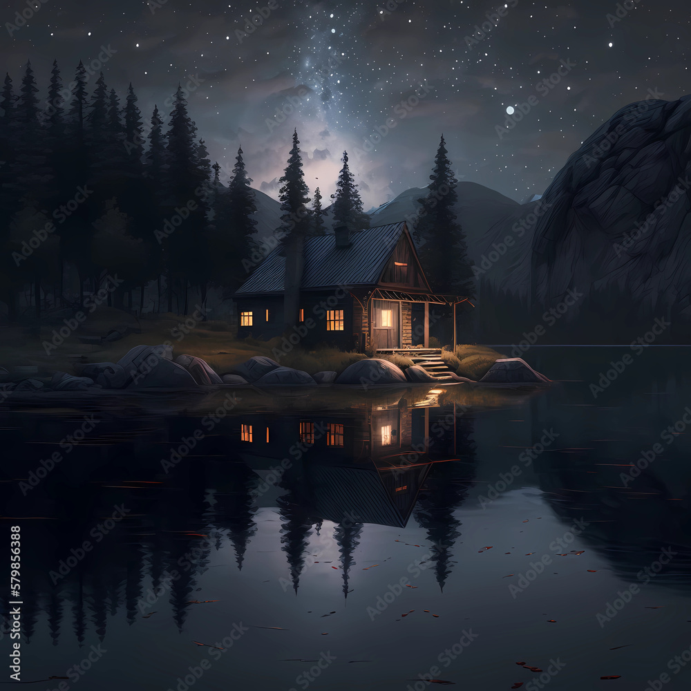 Fototapeta premium A cabin sits on a lake at night while a meteor shower and stars shine above, Created with Generative AI