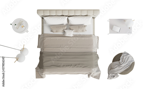 A set of isolated bedroom furniture 4. Top view. Beige bed with pillows, textile headboard, blanket, lamp on nightstand, plaid on knitted ottoman, decor on round nightstand, pendant lamp. 3d render