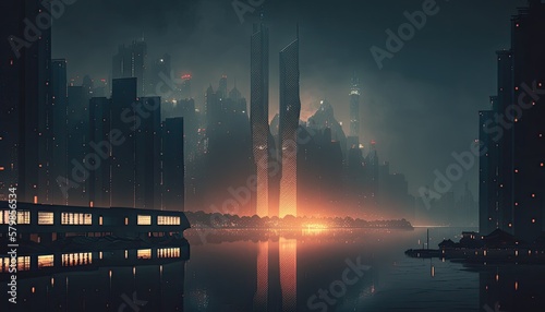 A dramatic and moody cityscape of a bustling metropolis at night. The lights of the skyscrapers reflect off the water, with the city shrouded in a soft, hazy glow generative ai