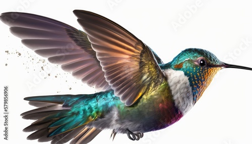 Beautiful Hummingbird hovering in mid-air, isolated on a white background. The lighting captures its delicate movements generative ai © 3D Station