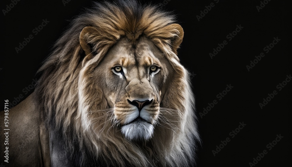 Majestic Lion with piercing eyes isolated on a black background. The lighting highlights its fierce nature.  generative ai