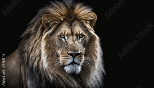 Majestic Lion with piercing eyes isolated on a black background. The lighting highlights its fierce nature.  generative ai © 3D Station