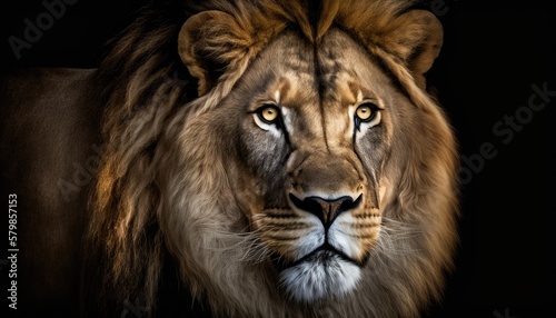 Majestic Lion with piercing eyes isolated on a black background. The lighting highlights its fierce nature.  generative ai