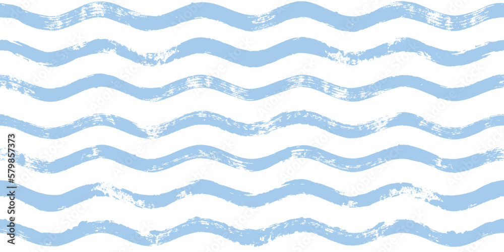 Seamless Wave Pattern, Hand drawn water sea vector background. Wavy beach print, curly grunge paint lines, watercolor illustration