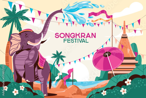 Songkran Festival Background Template with Elephant Playing Water in Temple mean Thailand Traditional New Year's Day