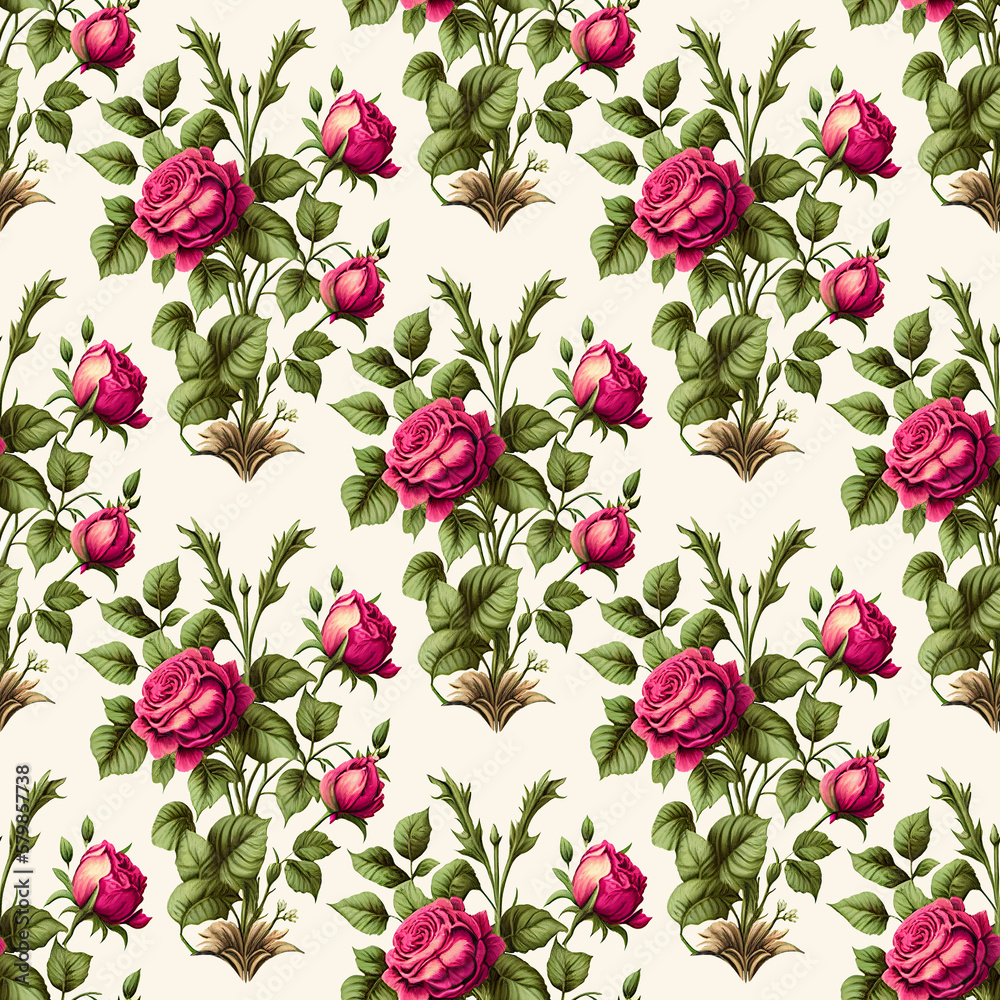 Seamless pattern with roses. Elegant vintage floral background with pink rose bouquet, flowers, leaves. Fashionable textile print. Illustration created with generative AI tools. Repetitive design