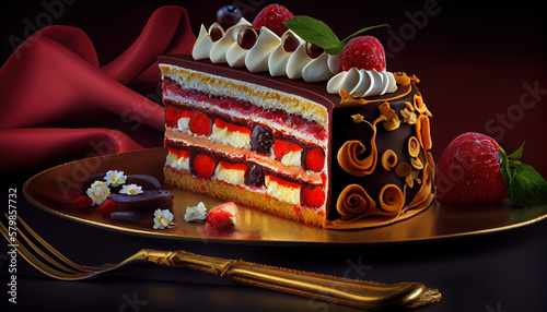 Colorful Fruit Cake Slice Decorated with Strwberries on Golden Plate Dark Classic Theme Background Generative AI photo