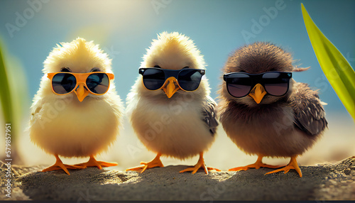 Cute spring baby chicks on the beach wearing cool sunglasses, generative AI illustration.
