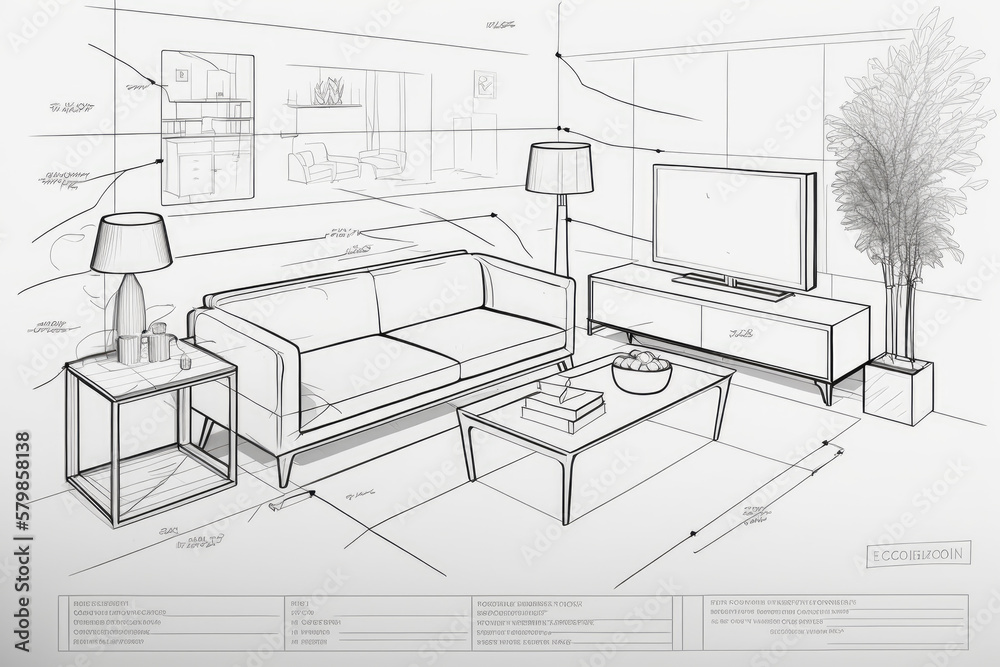 The illustration depicts a technical sketch of a modern minimalist living room, showcasing the basic layout of the room and key furniture pieces. Clean lines, neutral colors. Generative AI. The illustration depicts a technical sketch of a modern minimalist living room, showcasing the basic layout of the room and key furniture pieces. Clean lines, neutral colors. Generative AI.