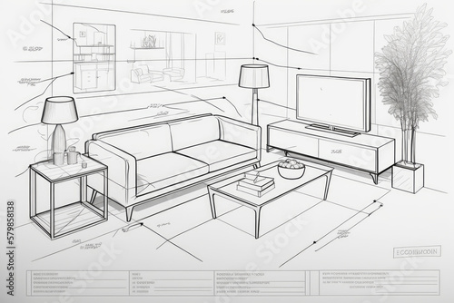 The illustration depicts a technical sketch of a modern minimalist living room, showcasing the basic layout of the room and key furniture pieces. Clean lines, neutral colors. Generative AI.