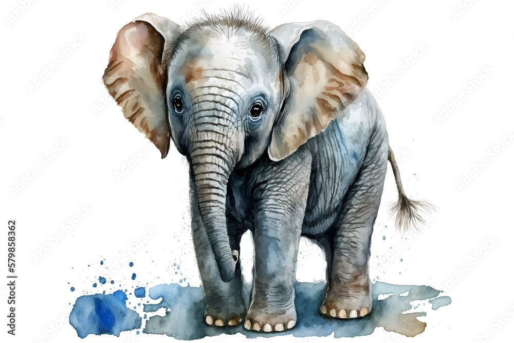 Illustration of watercolor cute baby elephant, ai generative