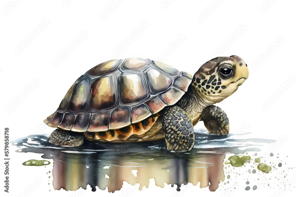 Fototapeta premium Illustration of watercolor cute baby turtle, ai generative