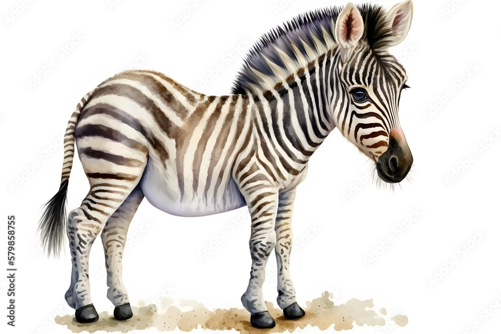 Fototapeta premium Illustration of watercolor cute baby zebra, ai generative