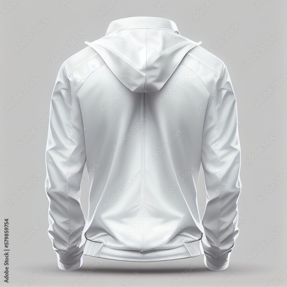 White windbreaker back view, mockup white clothes, white background, Generative AI White windbreaker back view, mockup white clothes, white background, Generative AI