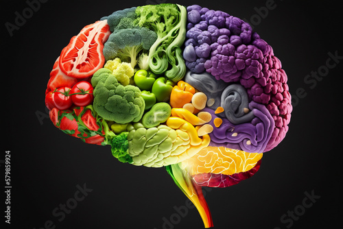 Brain made from healthy food, fruits and vegetables. Concept of healthy living and a strong mindset. photo