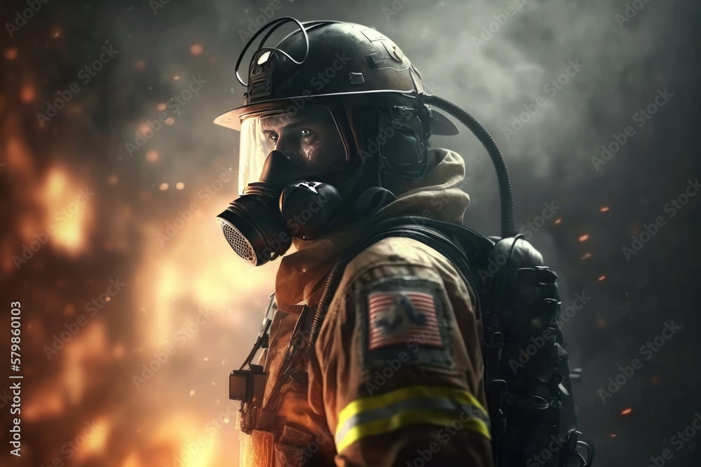 Firefighter searching for possible survives. Generative AI