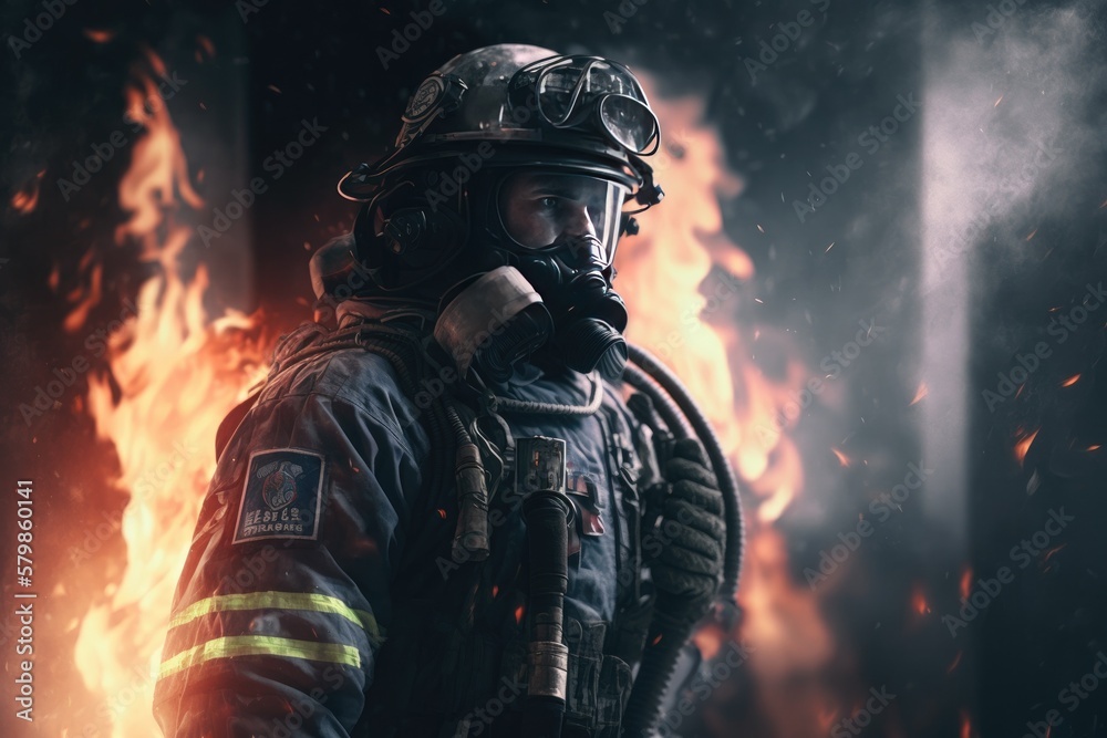 Firefighter searching for possible survives. Generative AI Firefighter searching for possible survives. Generative AI
