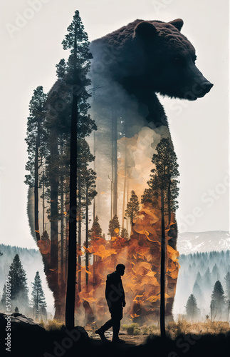 Double exposure clipart of forest fire and bear