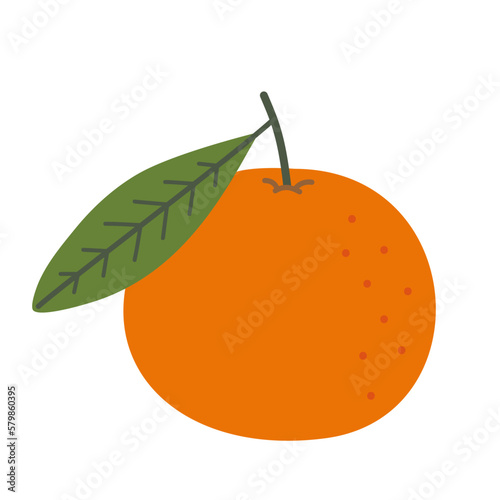 Mandarin, tangerine, clementine. Whole citrus fruit with leaf. Hand-drawn colored flat vector illustration isolated on white background.