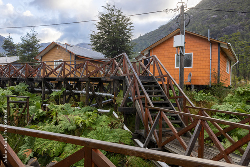 Small colorful houses and nalca plants along the wooden paths of Tortel, Patagonia, Chile