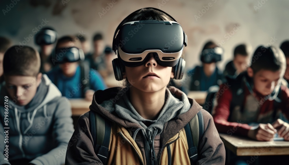 multicultural, multiracial schoolchildren using virtual reality headsets. Generative AI multicultural, multiracial schoolchildren using virtual reality headsets. Generative AI