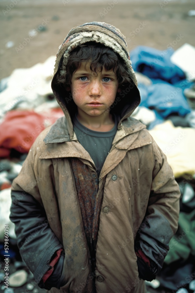 Serious Child posing in a third world country public dump looking at the camera Serious Child posing in a third world country public dump looking at the camera