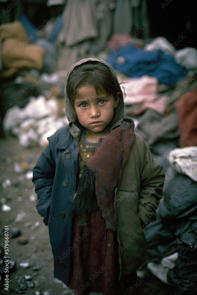 Serious Child posing in a third world country public dump looking at the camera