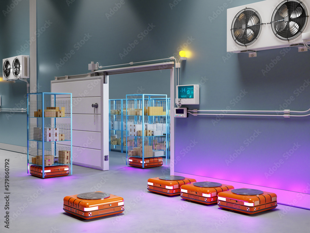 Refrigeration chamber for food storage. Selfdriving carts sort goods
