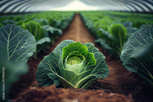 Organic cabbage growing in greenhouse created with AI