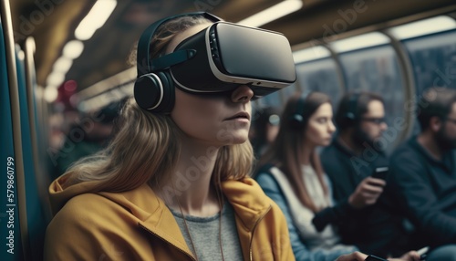 Woman using VR headset while traveling in a metro train. Generative AI © Adriana