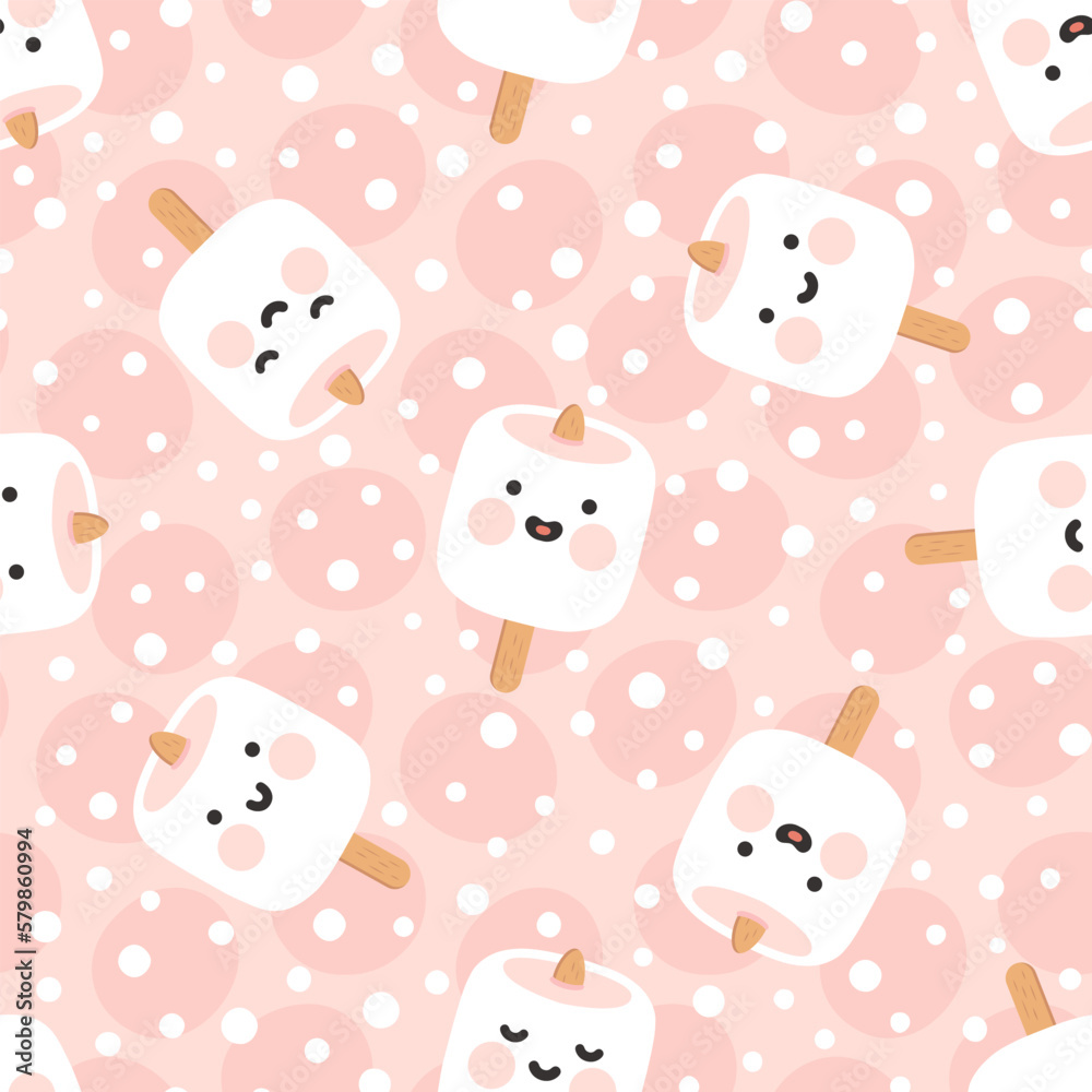 cute marshmallow pastel pink with kawaii faces different expression and polka dot texture, kids fabric and textile design, baby room scandinavian seamless pattern
