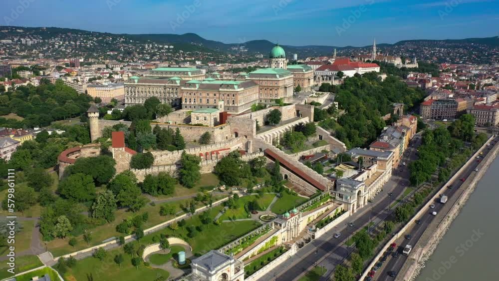 Aerial view of the panorama of Budapest, Hungary - 4K drone footage of Buda Castle, the Royal Palace and the Szechenyi Chain Bridge over the River Danube.