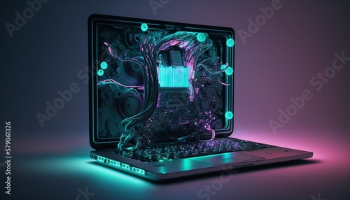 future and cybersecurity concept on modern laptop or notebook with neon lights coming out from inside. information technology and internet of things (IOT and IT). generative ai