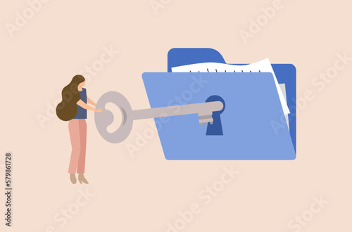 Business people searching files in folder, businesswoman with overwhelmed work, file and folder protection vector, personal data filing vector, private data protection vector, data security vector.