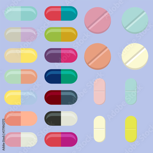 A set of capsules and tablets in different colors and different designs.