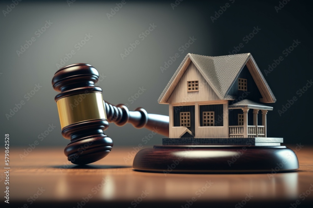 Gavel of justice and house model. Real estate laws and taxes concept. Background with selective focus. AI generated