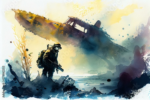 A diver exploring a shipwreck, watercolor style. Generative AI