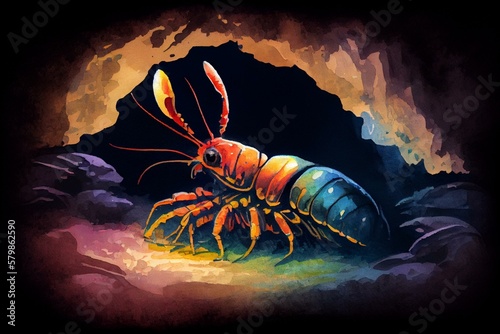 A lobster hiding in a cave, watercolor style. Generative AI