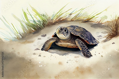 Valokuvatapetti A sea turtle nesting on the beach, watercolor style