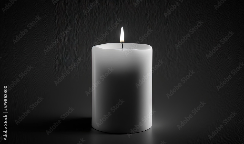 a white candle is lit on a black background with a shadow. generative ai a white candle is lit on a black background with a shadow. generative ai